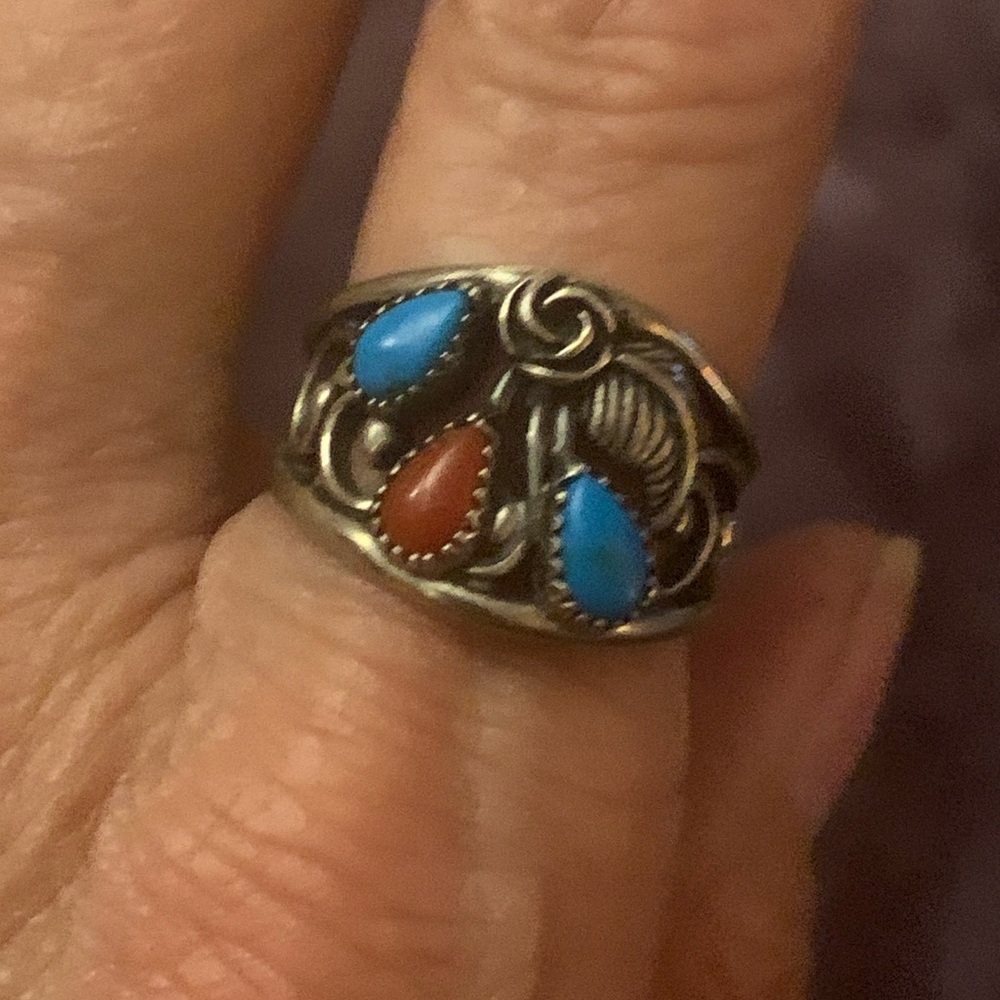 Vintage Navajo Turquoise & Coral Rose Ring